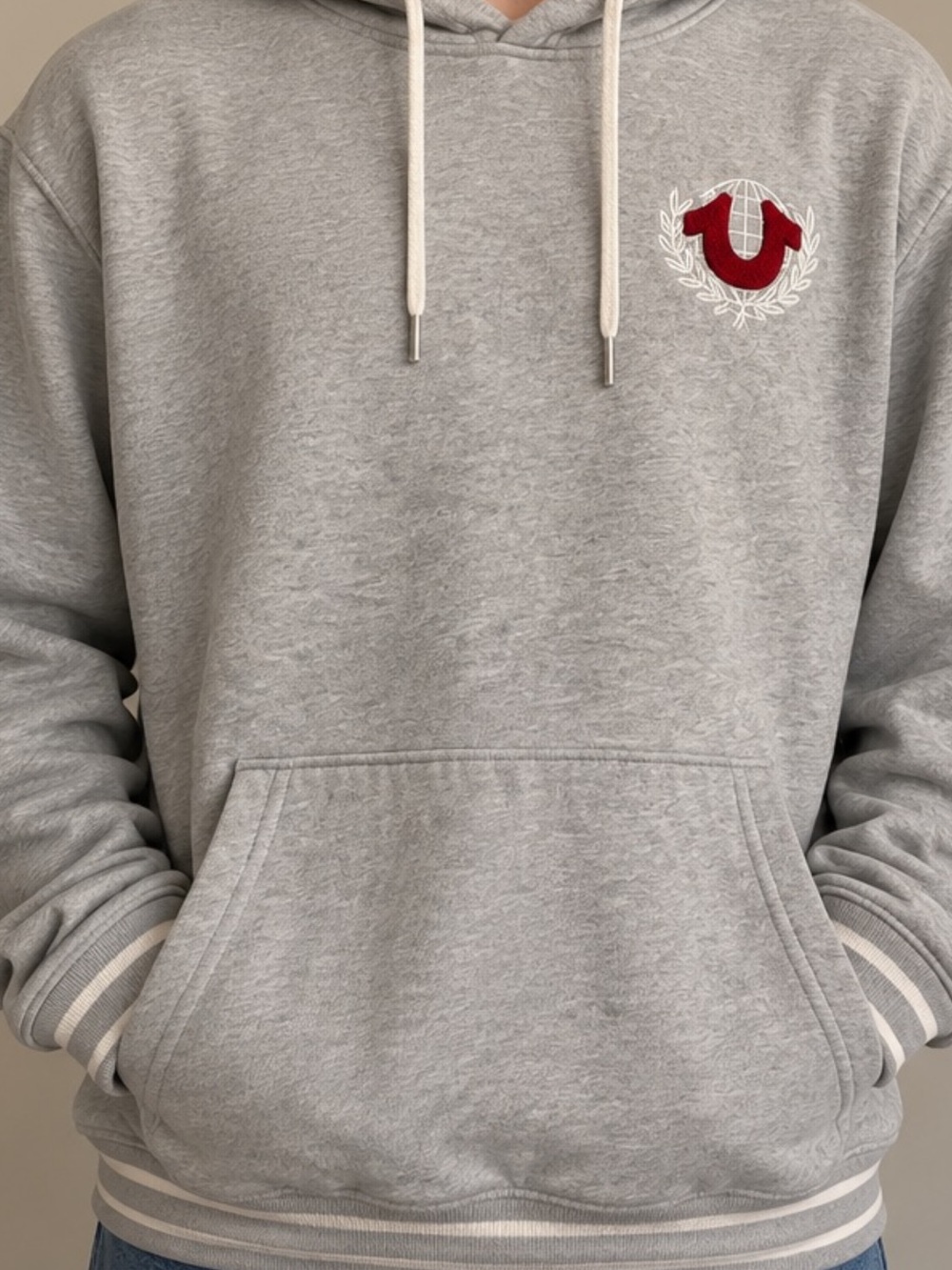 True Religion Gray Hoodie with Red Crest Emblem